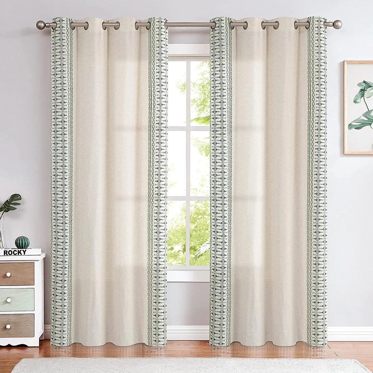 Sage on Beige Semi Sheer Linen Curtains 84 Inch Grommet 2 Panels L891606