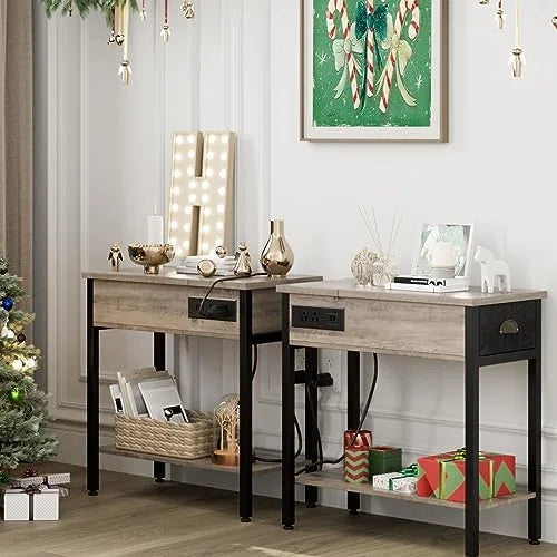 Set of 2 Black Narrow End Tables with Charging Station P28074