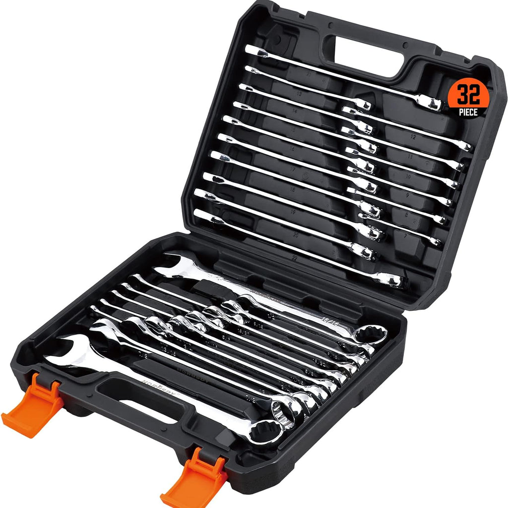32-Piece Combination Wrench Set, SAE and Metric, 12 Point, Chrome Vanadium Steel with Case V710196