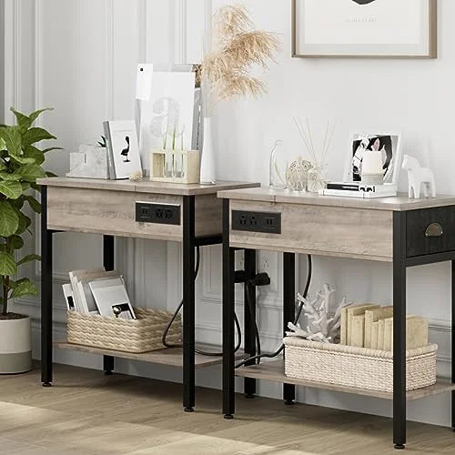 Set of 2 Black Narrow End Tables with Charging Station P28074