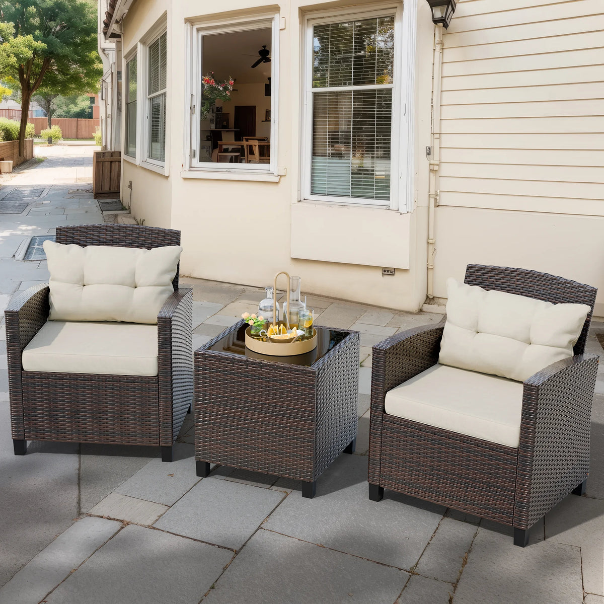 3 Pieces Wicker Patio Furniture Set with Tempered Glass Table Beige R66393