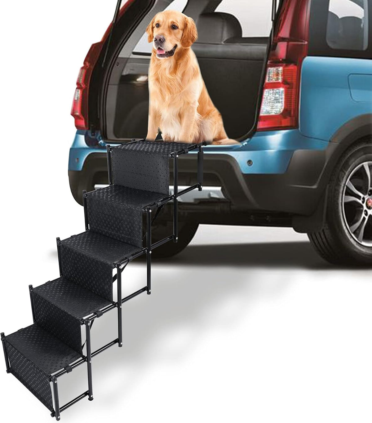 Black 5 Steps Metal Fram Folding Pet Dog Car Ramp with Shoulder Strap I1764