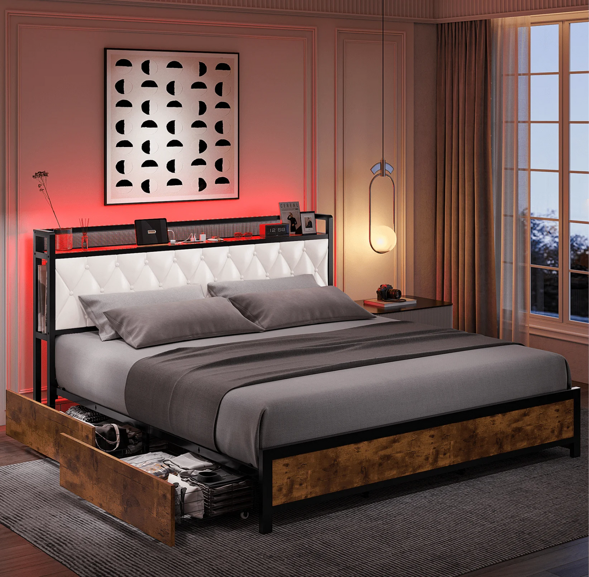 Black Full Size LED Bed Frame with 4 Storage Drawers B52623