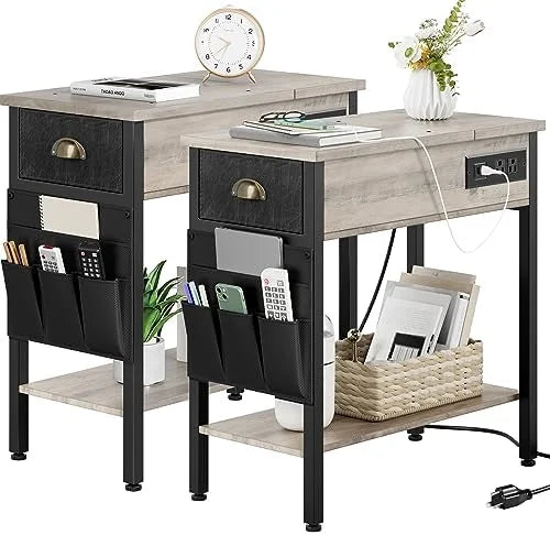 Set of 2 Black Narrow End Tables with Charging Station P28074