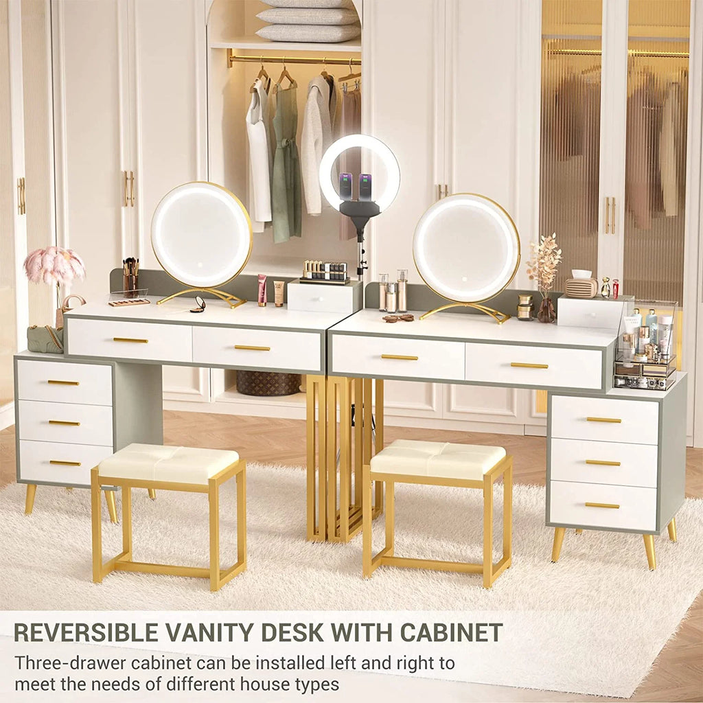 White Reversible Vanity Desk with Lighted Mirror and Stool F738694