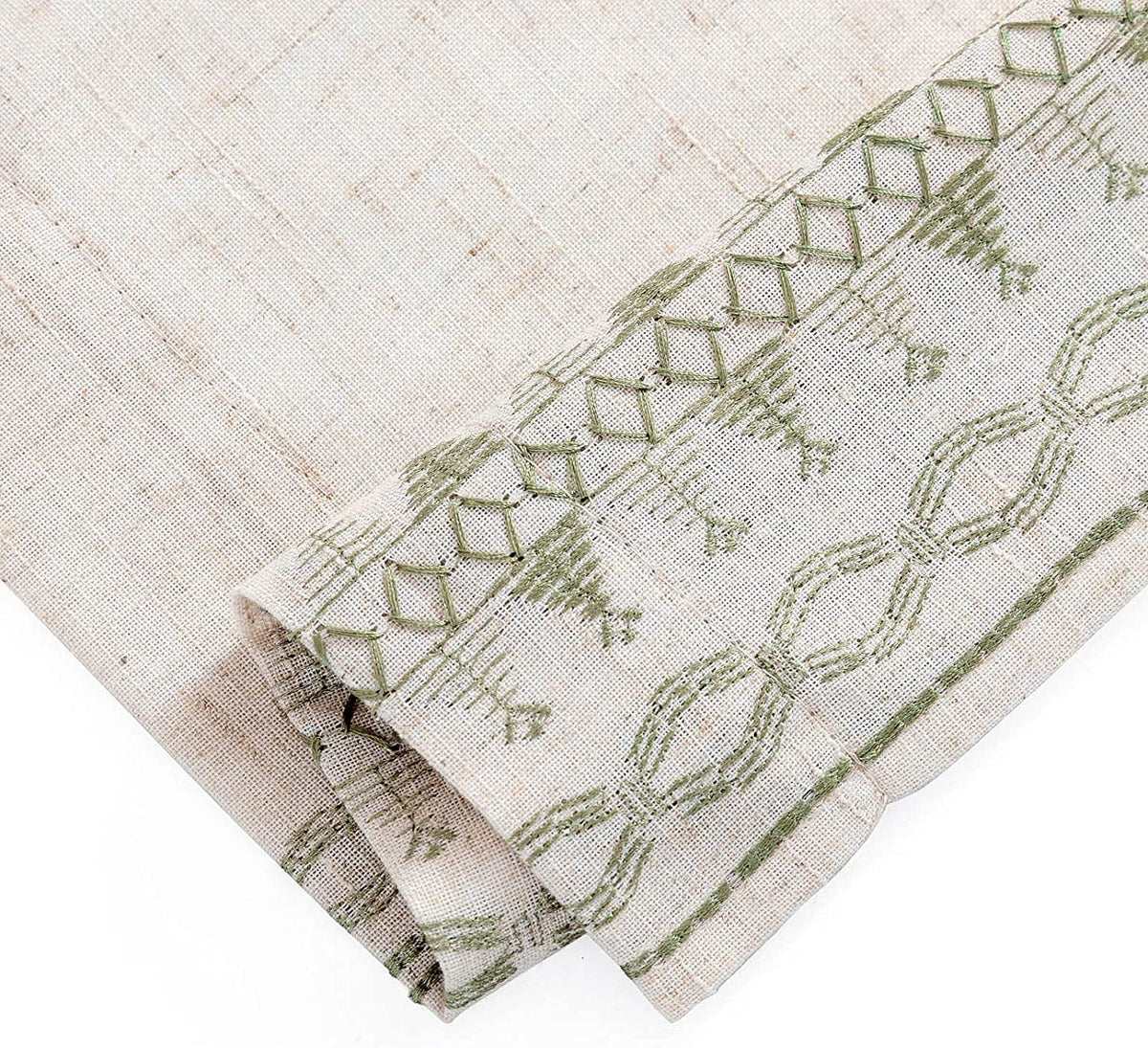 Sage on Beige Semi Sheer Linen Curtains 84 Inch Grommet 2 Panels L891606