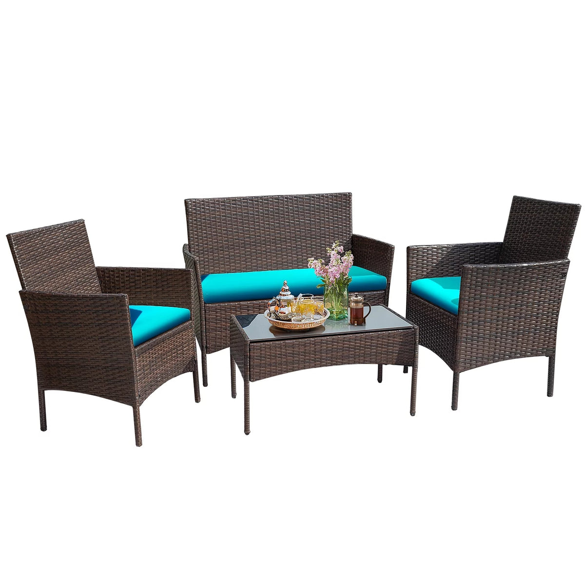 4 Piece PE Rattan Wicker Patio Table and Chairs Set with Cushions J6159