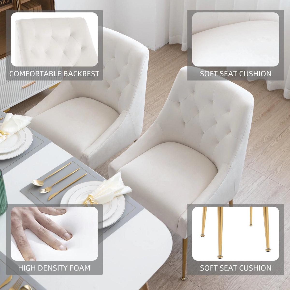 Beige Velvet Upholstered Dining Chairs Set of 2 B82070