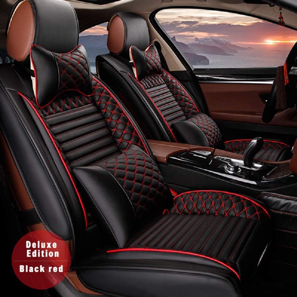 Black & Red PU Leather 5-Seat Car Seat Cover Full Set R7403