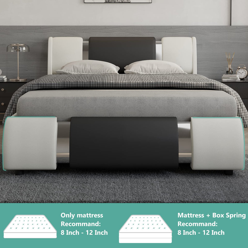 Queen Size Faux Leather Upholstered Platform Bed Frame with LED Light Headboard Q682