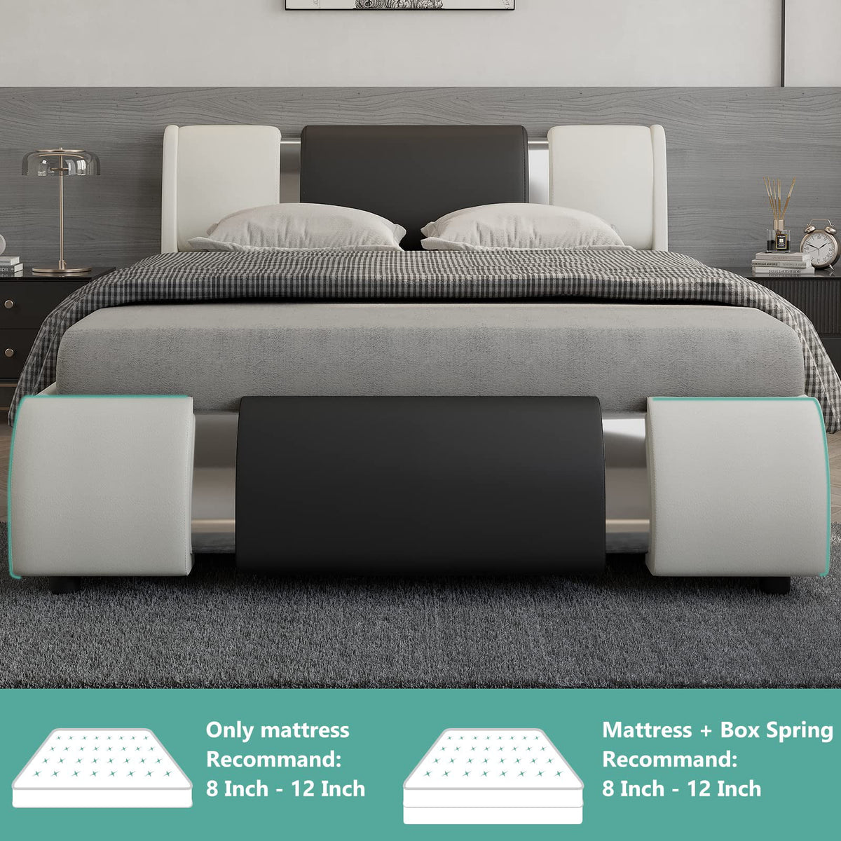 Queen Size Faux Leather Upholstered Platform Bed Frame with LED Light Headboard Q682