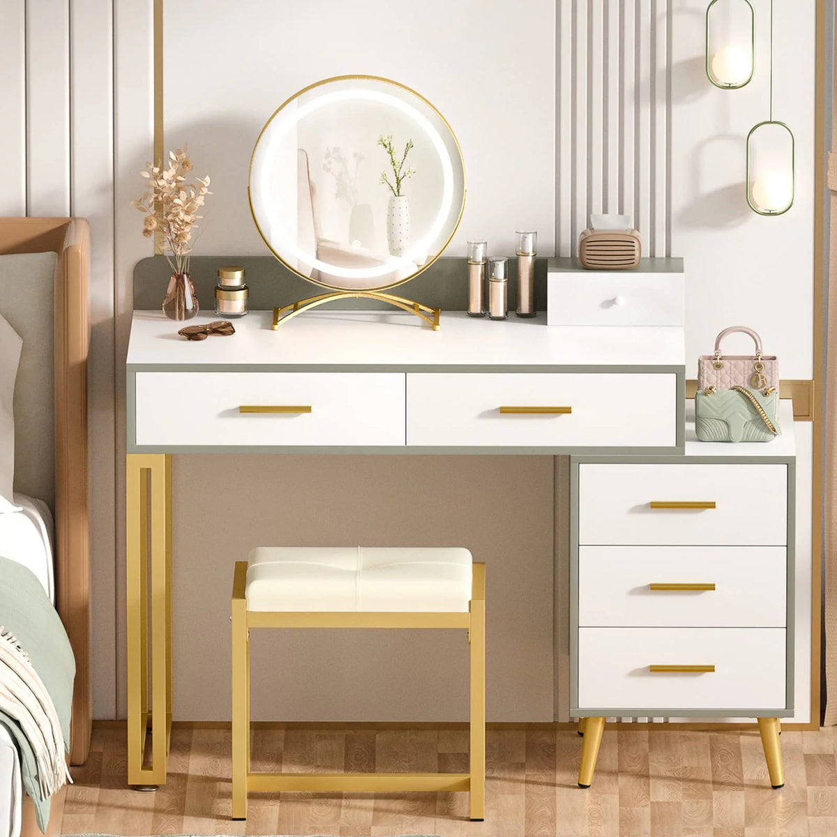 White Reversible Vanity Desk with Lighted Mirror and Stool F738694