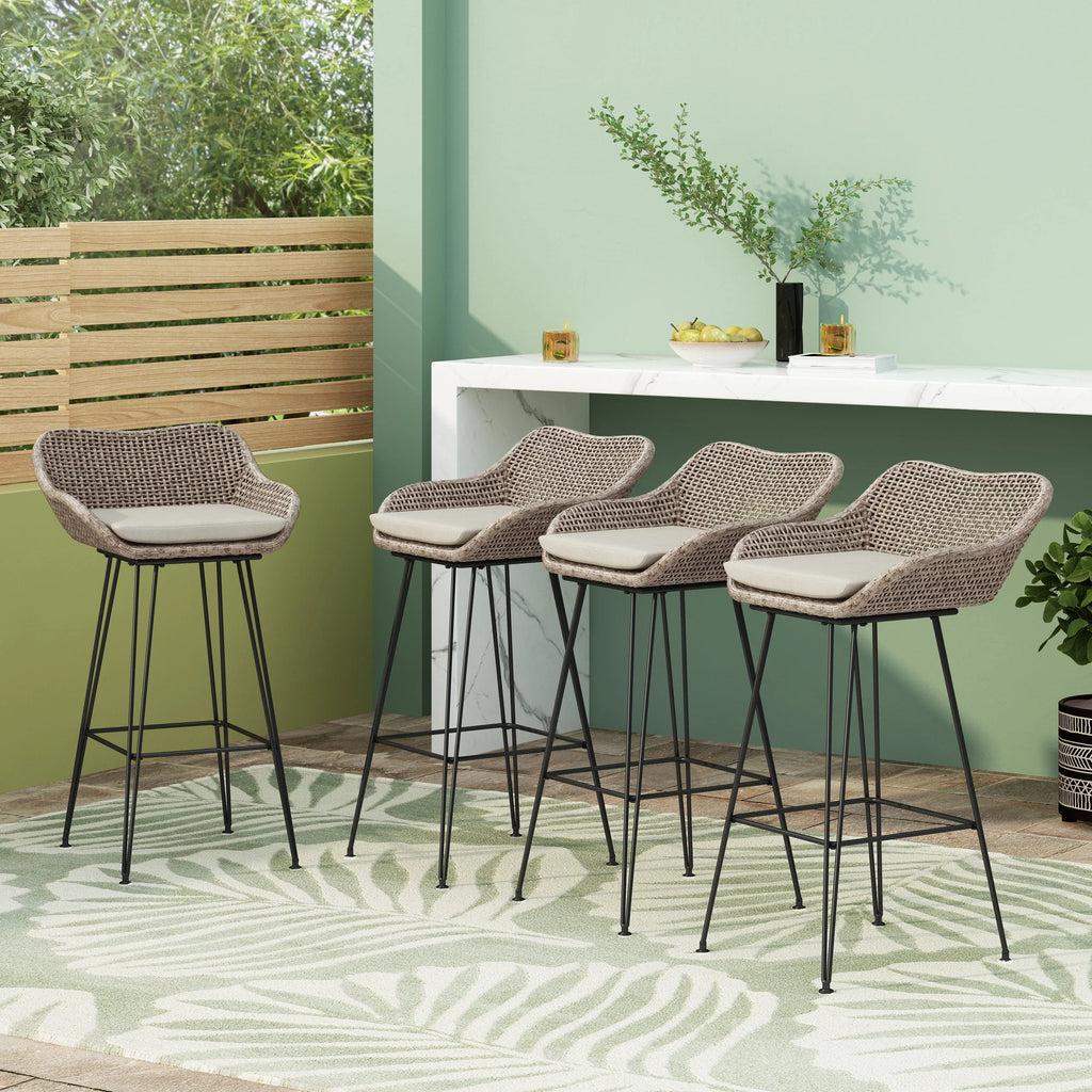 Wicker and Metal Outdoor Barstools with Cushion, Set of 4 C349064
