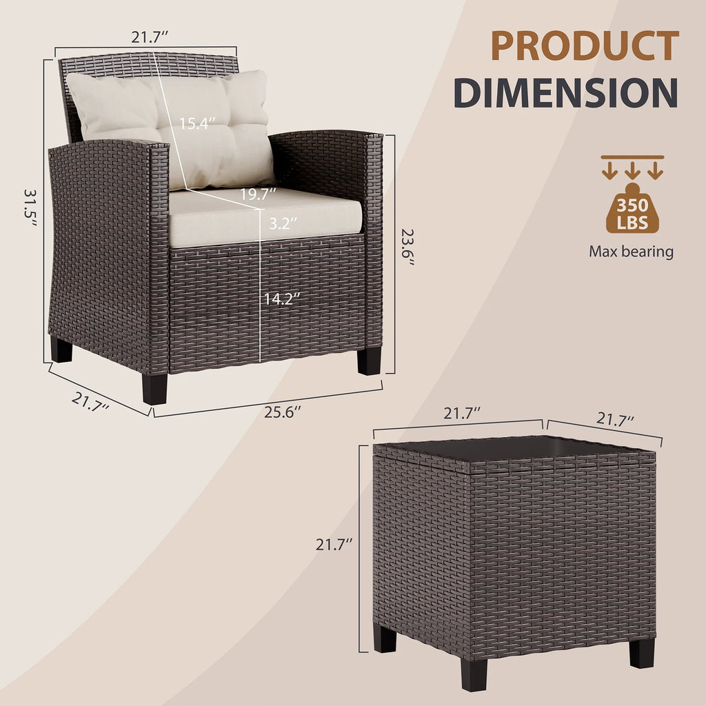 3 Pieces Wicker Patio Furniture Set with Tempered Glass Table Beige R66393