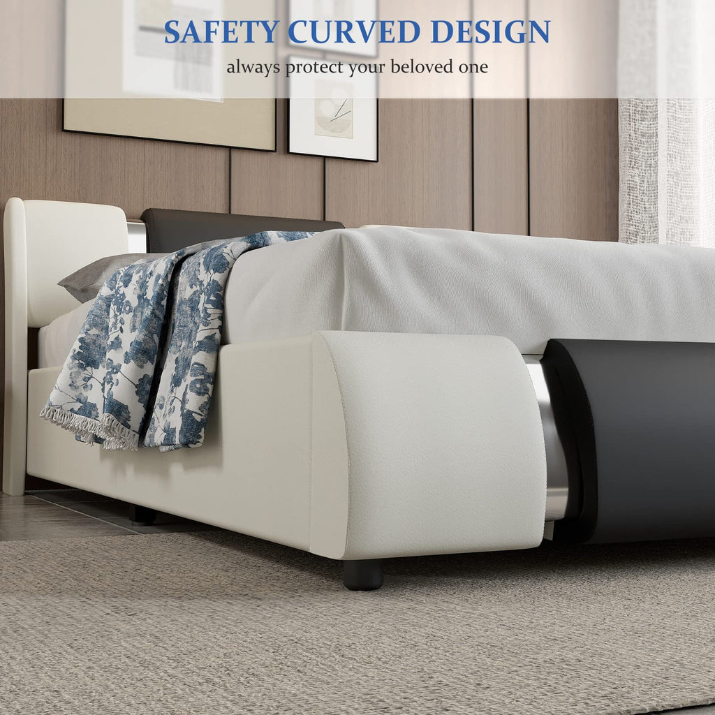 Queen Size Faux Leather Upholstered Platform Bed Frame with LED Light Headboard Q682