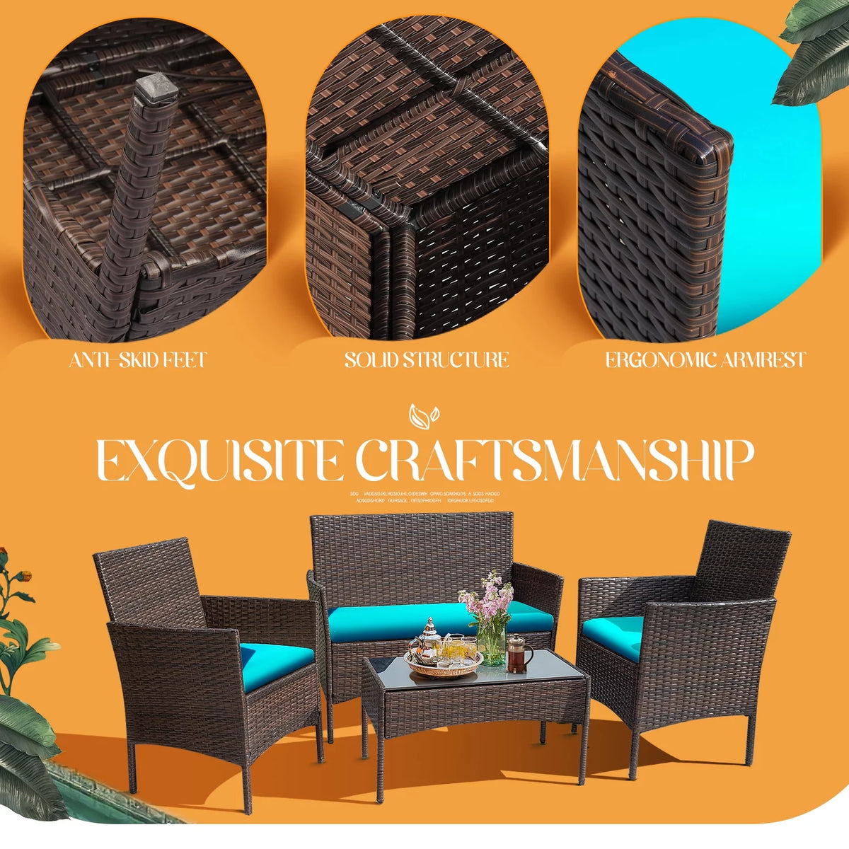 4 Piece PE Rattan Wicker Patio Table and Chairs Set with Cushions J6159