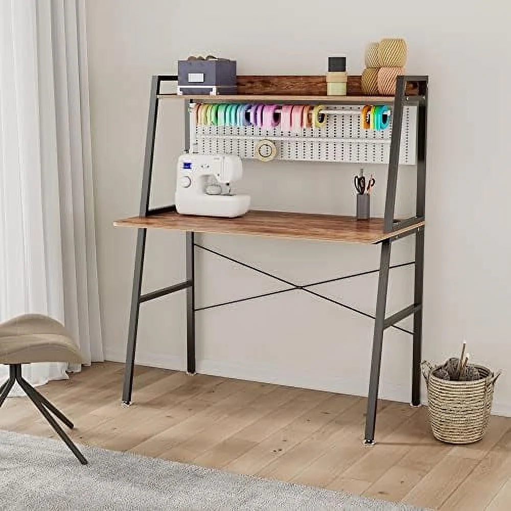 43 Inch Rustic Brown Computer Ladder Desk with Shelves L6727