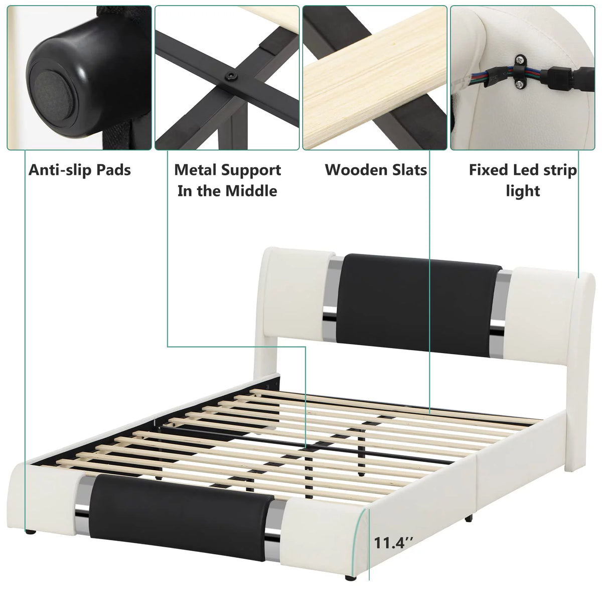 Queen Size Faux Leather Upholstered Platform Bed Frame with LED Light Headboard Q682