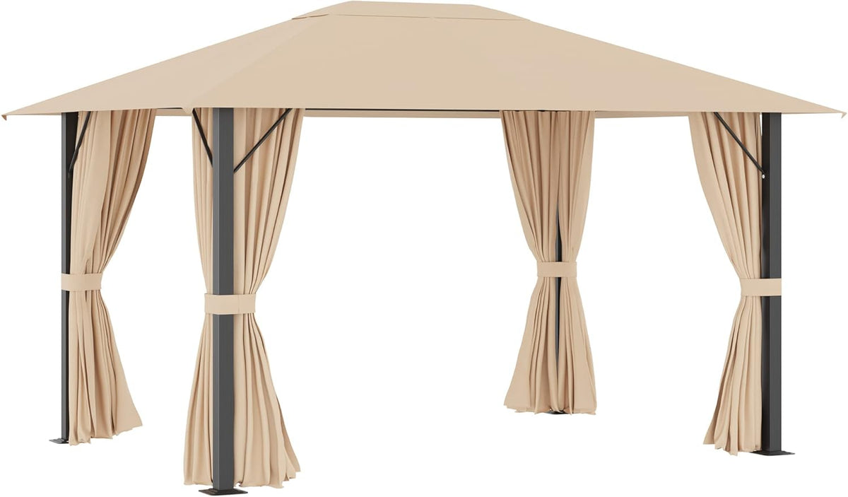 10' x 10' Patio Gazebo Aluminum Frame Canopy Shelter with Sidewalls, Vented Roof, Khaki Q67219