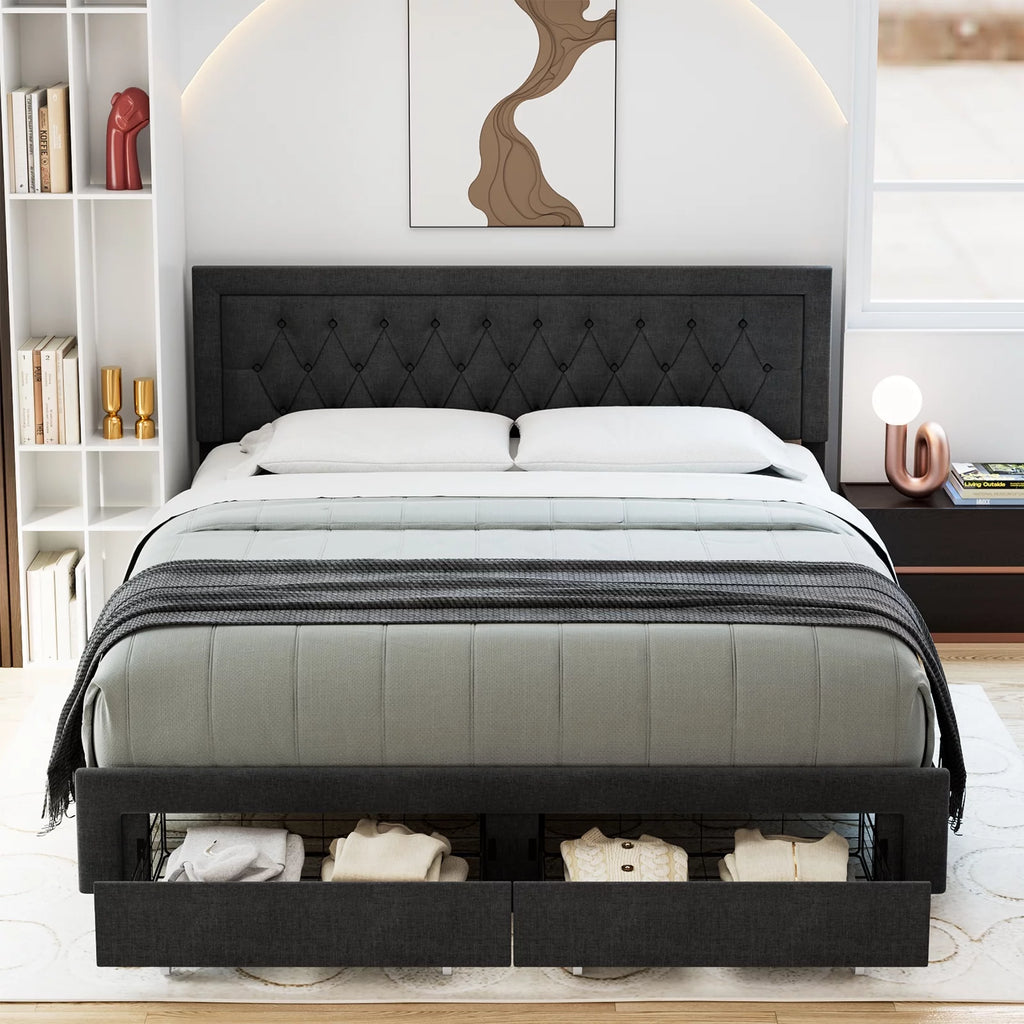 Queen Size Black PU Leather Upholstered Platform Bed Frame H238900
