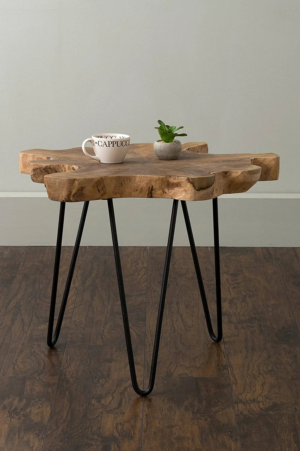 Handcrafted Natural Live-Edge Teak Top Table with Hairpin Legs M85350