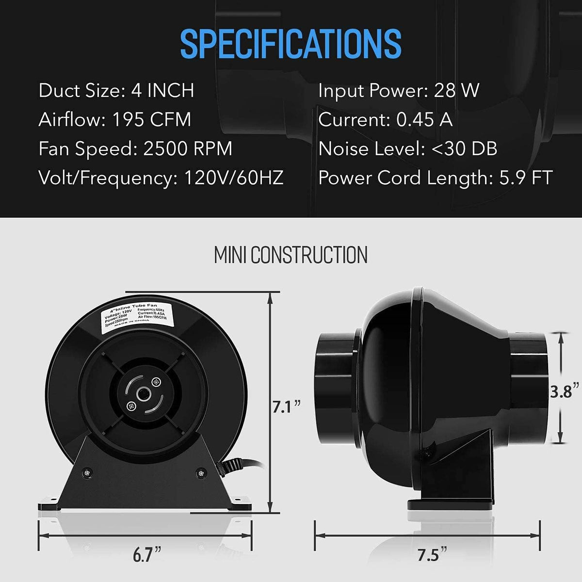 4 Inch 195 CFM Inline Fan, Carbon Filter, 8 Feet Ducting, Speed Controller, Rope Hanger, Temperature Humidity Monitor, Pack of 2 I3580