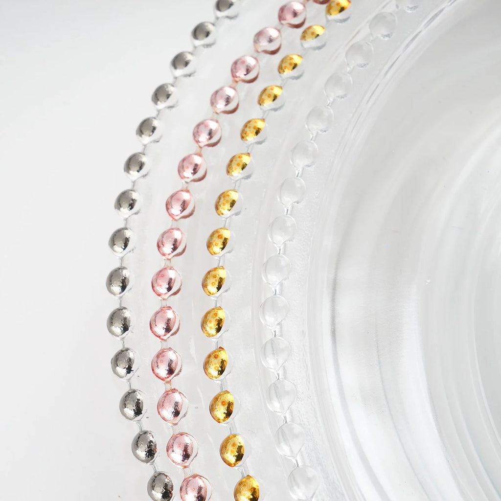 8 Clear 12" Glass Charger Plates Gold Beaded Rim W3635