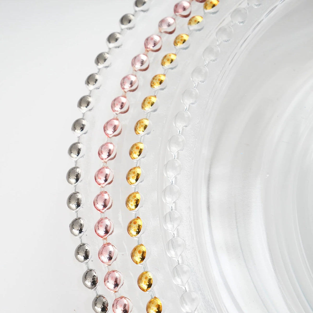 8 Clear 12" Glass Charger Plates Gold Beaded Rim W3635
