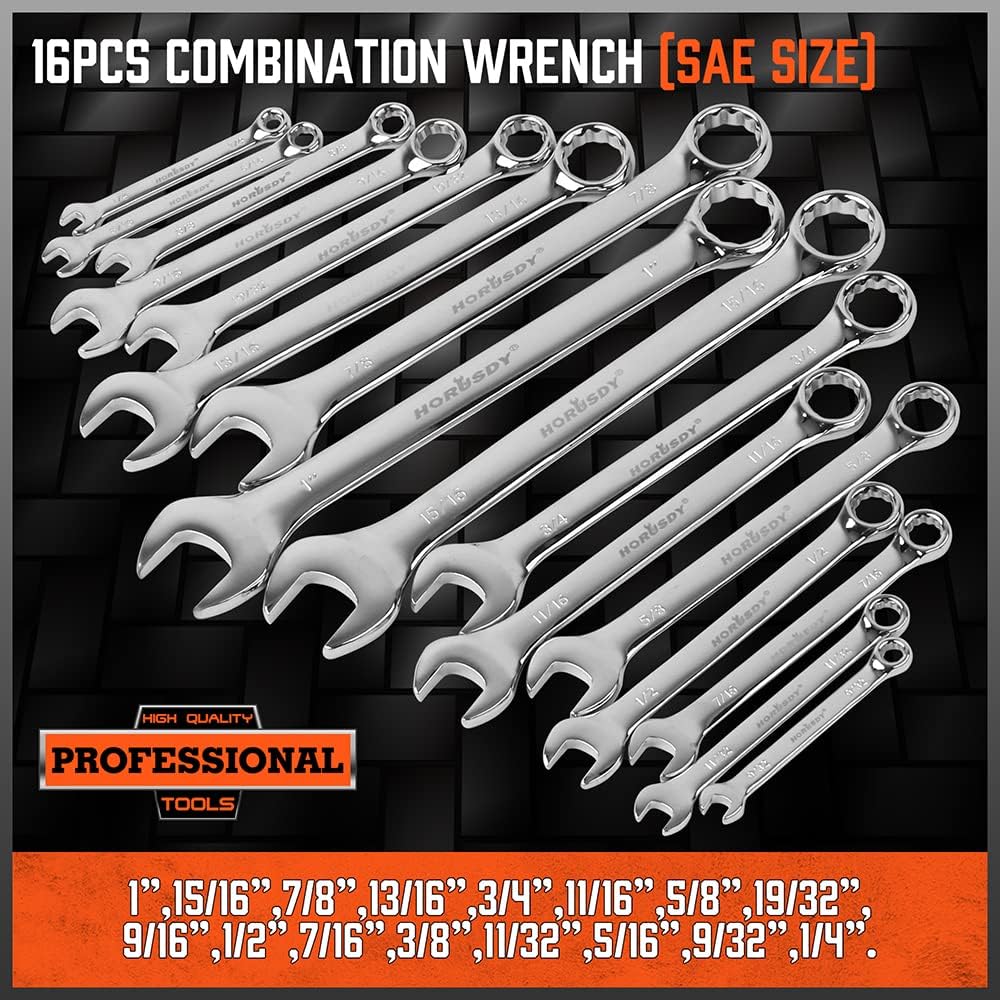32-Piece Combination Wrench Set, SAE and Metric, 12 Point, Chrome Vanadium Steel with Case V710196