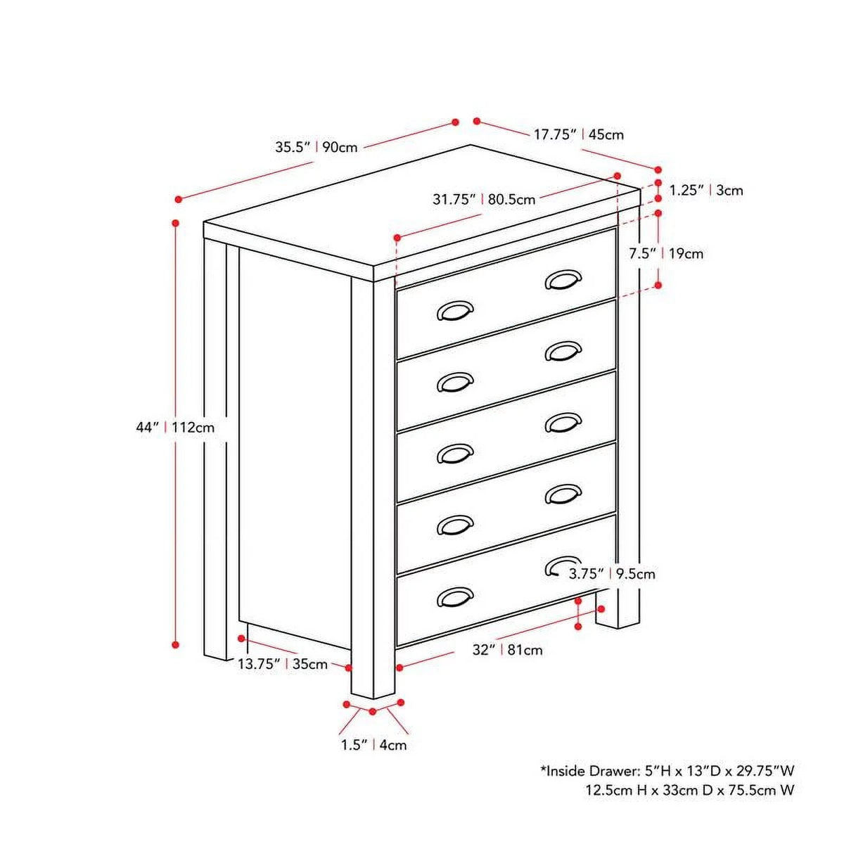 Black 5 Drawer Engineered Wood Dresser E35295