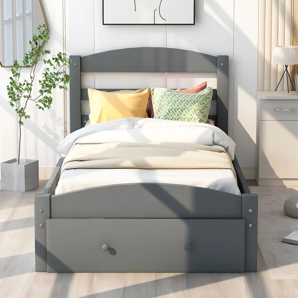 White Pine Wood Twin Bed with Storage Drawer G58159