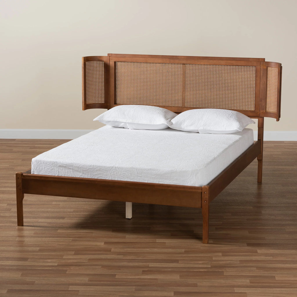 Walnut Brown Wood and Natural Rattan Full Size Platform Bed G49504