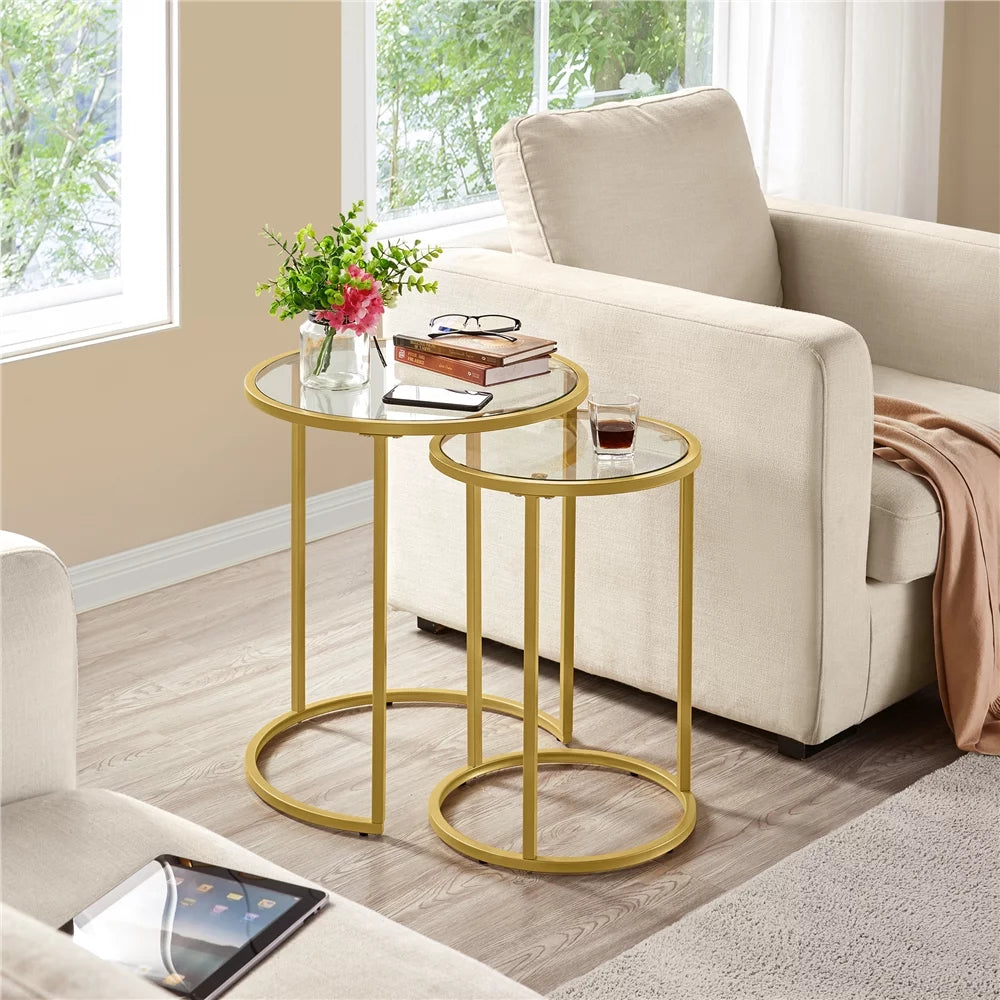 Round Nesting End Table Set with Metal Frame and Glass Top B479
