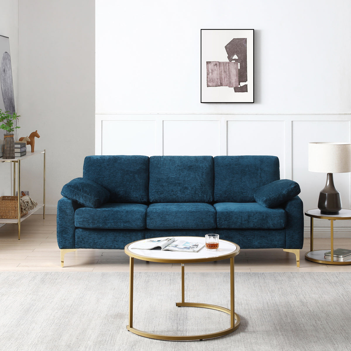 Blue Chenille Upholstered 3-Seater Couch Sofa with 2 Armrest Pillows D236