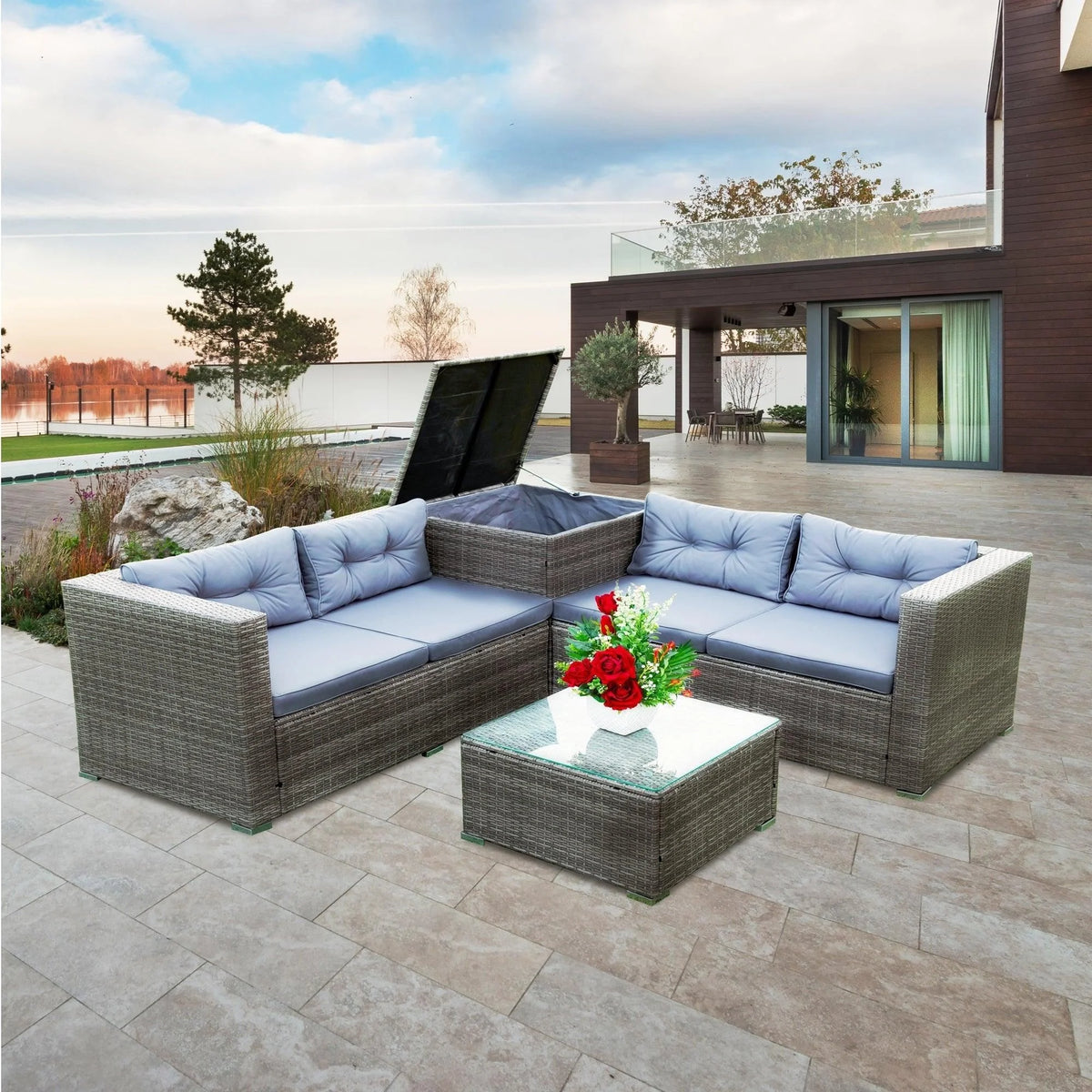 4 Piece Patio Sectional Wicker Rattan Outdoor Furniture Sofa Set Grey F8864