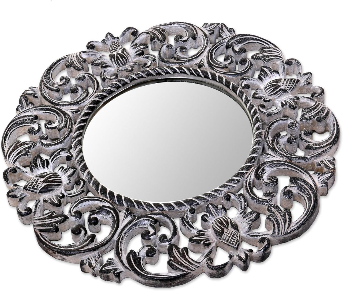 Black and White Floral Wood Wall Mounted Mirror M755