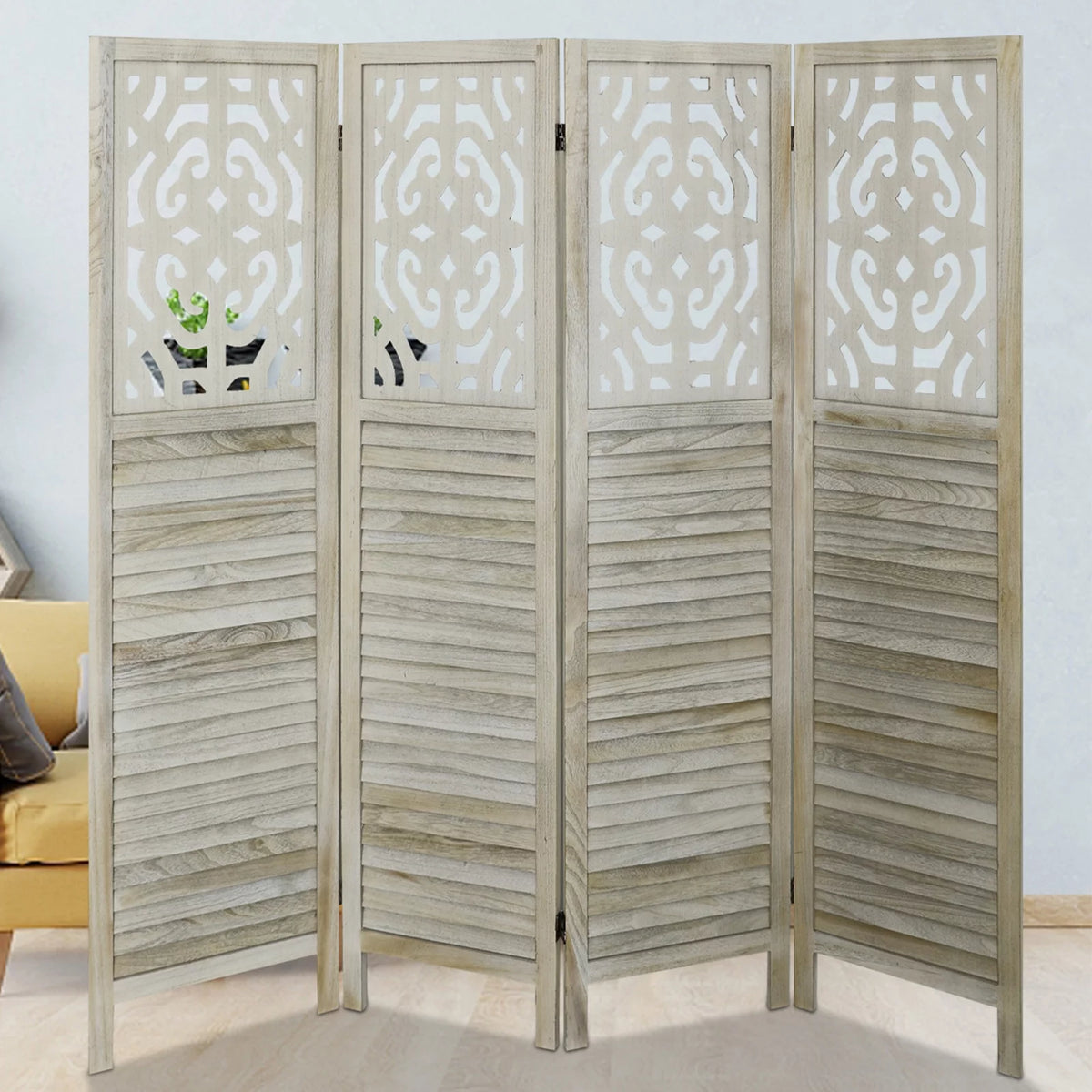 4 Panels Wood Carved Room Divider L66518