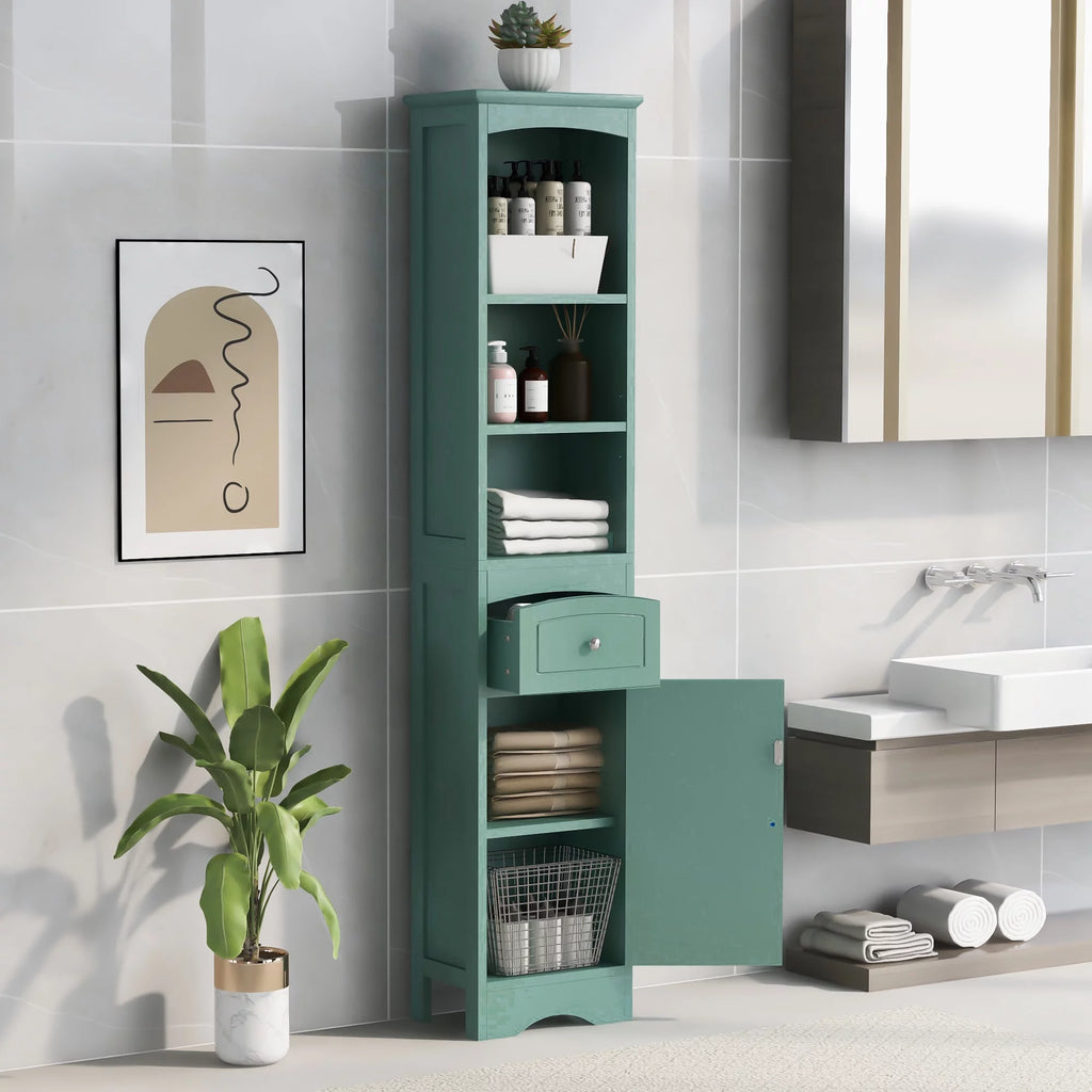 Tall Green MDF Bathroom Storage Cabinet with Drawer T1182