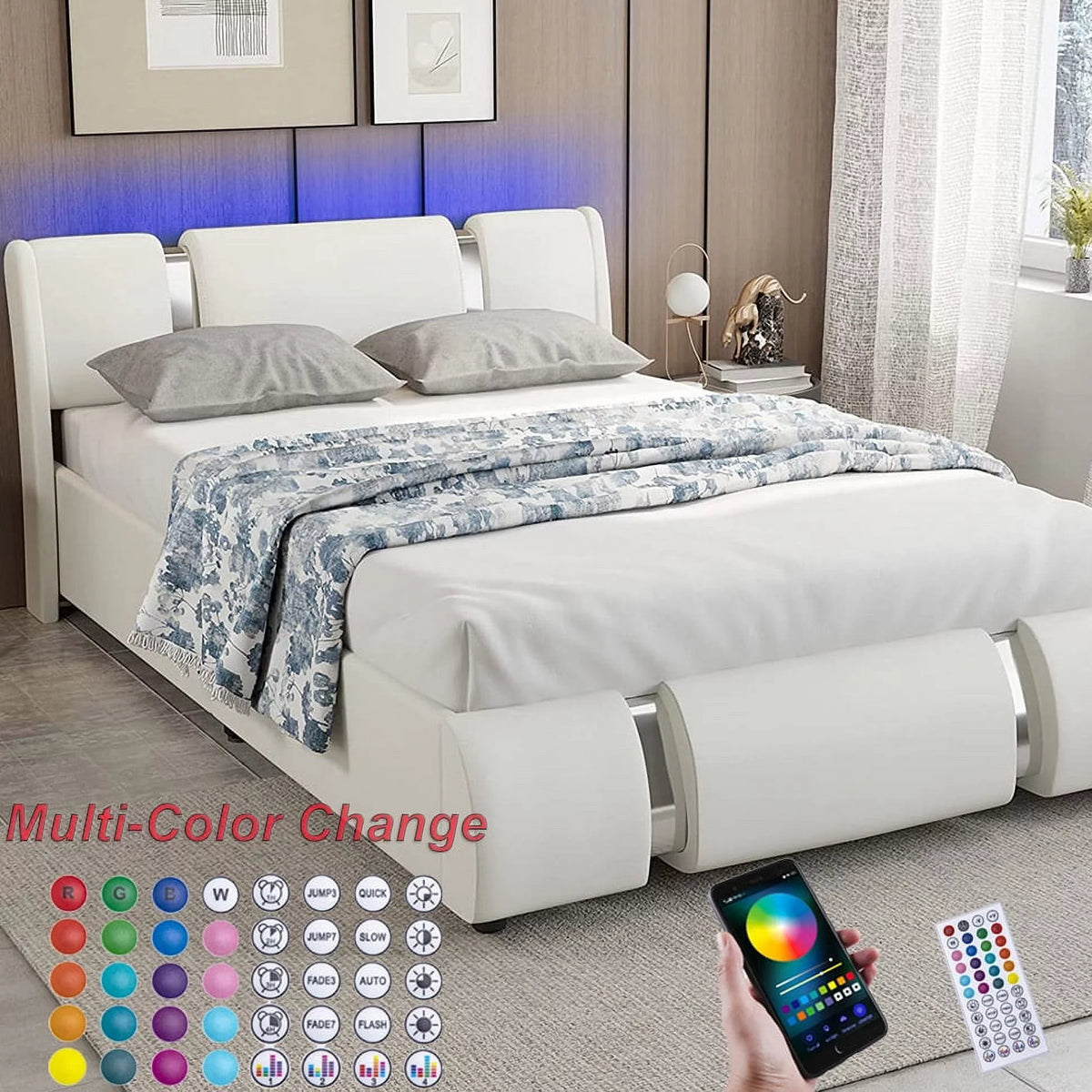 Queen Size Faux Leather Upholstered Platform Bed Frame with LED Light Headboard Q682
