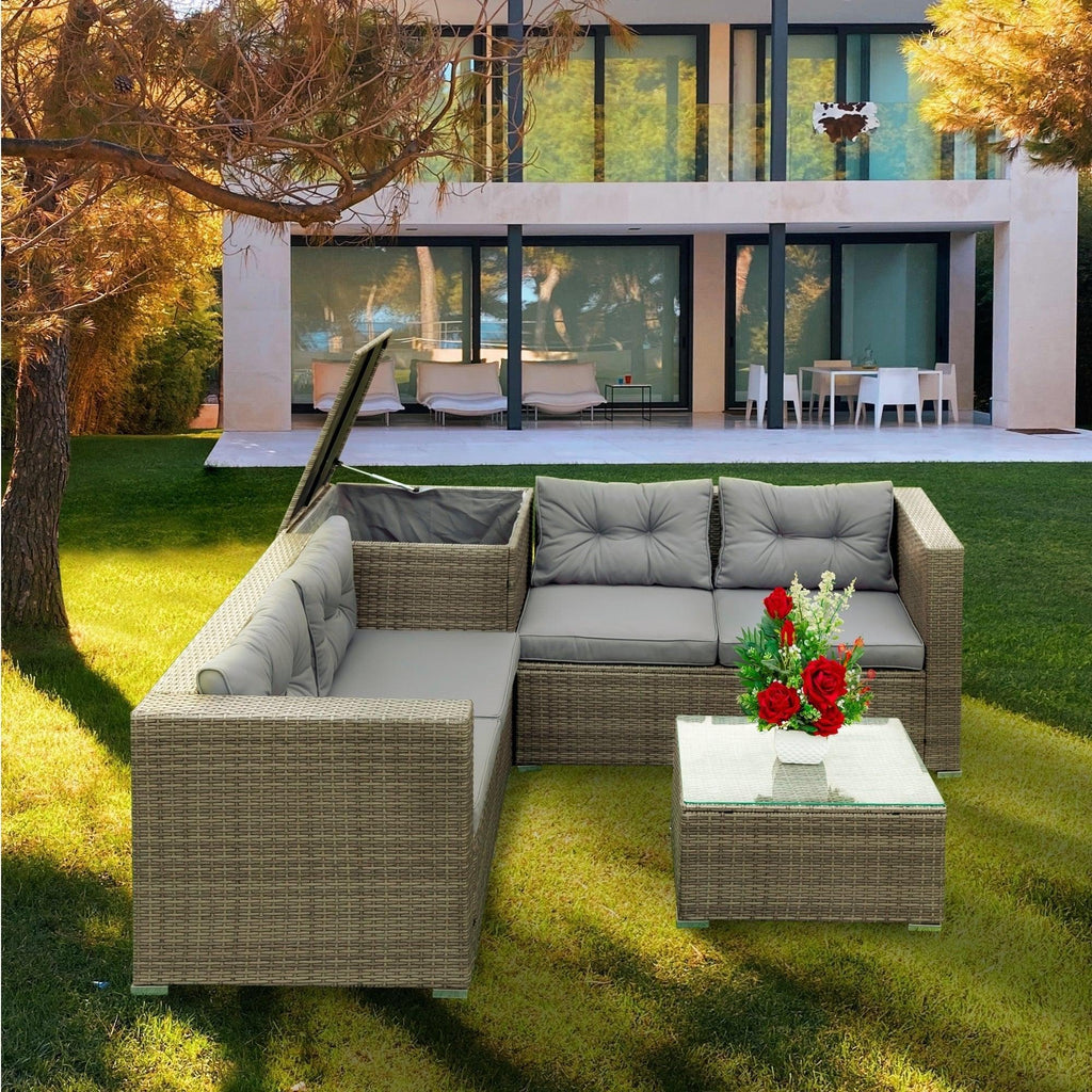 4 Piece Patio Sectional Wicker Rattan Outdoor Furniture Sofa Set Grey F8864
