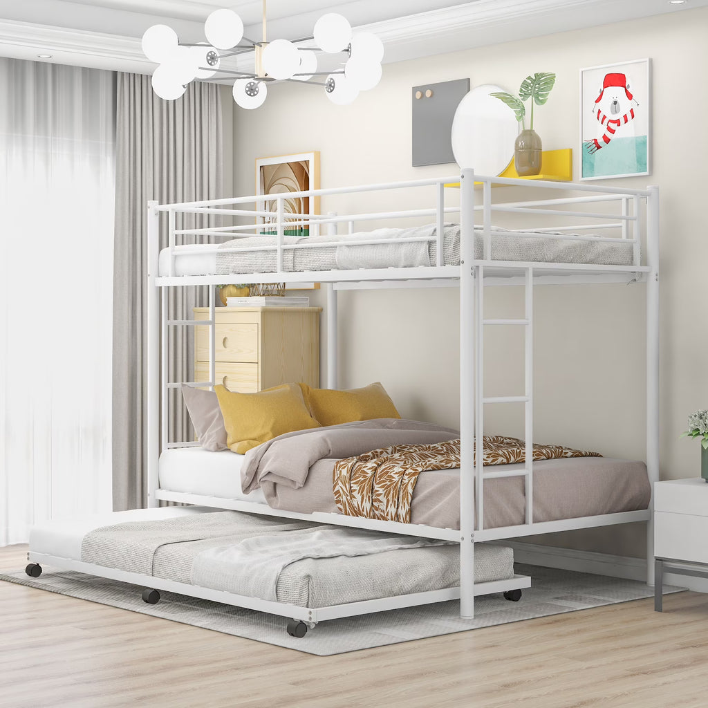 White Metal Twin over Twin Bunk Bed with Trundle G658