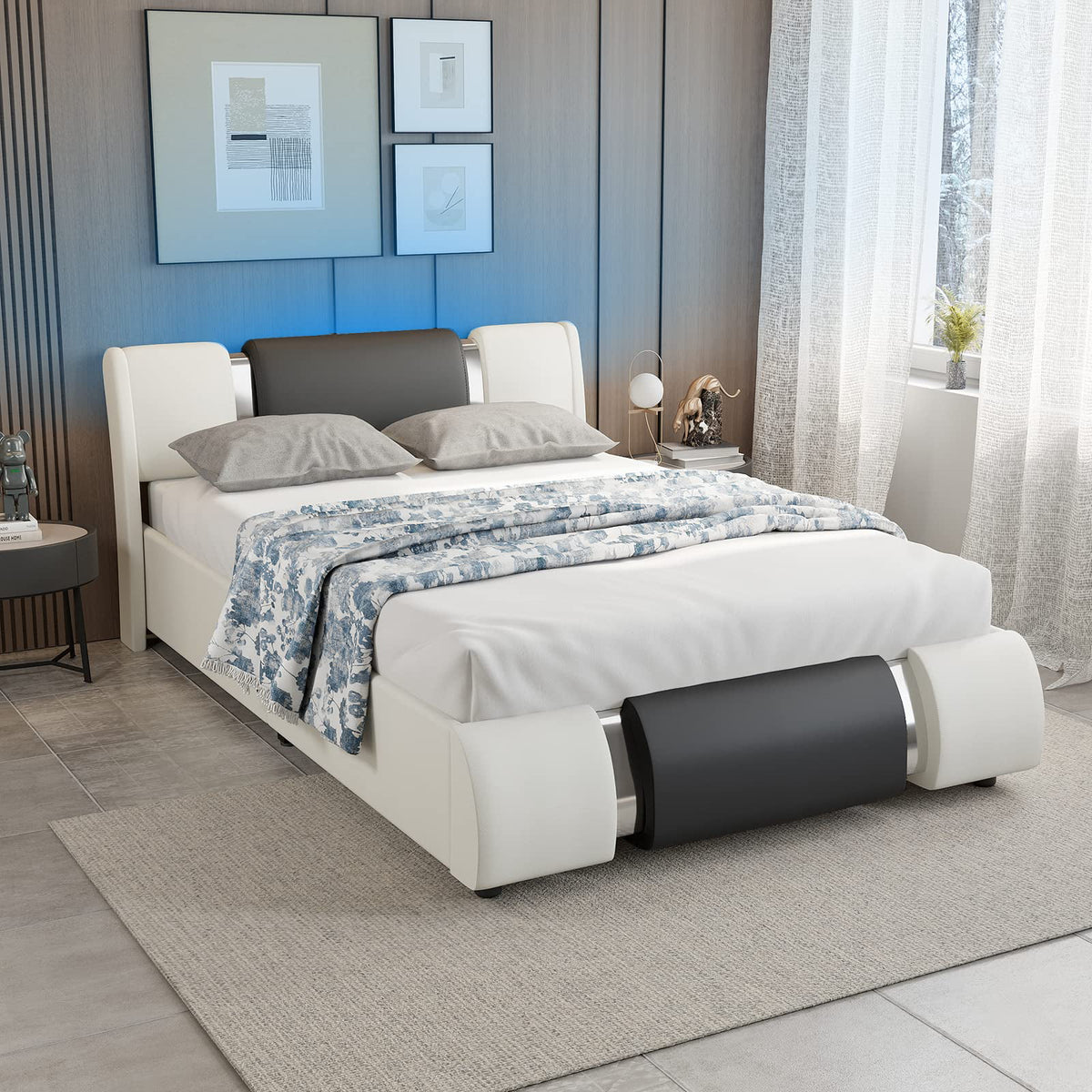 Queen Size Faux Leather Upholstered Platform Bed Frame with LED Light Headboard Q682