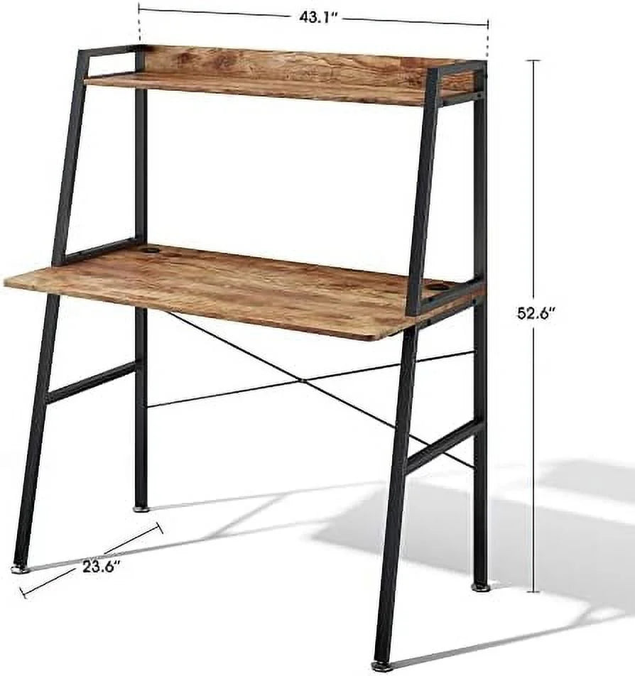 43 Inch Rustic Brown Computer Ladder Desk with Shelves L6727