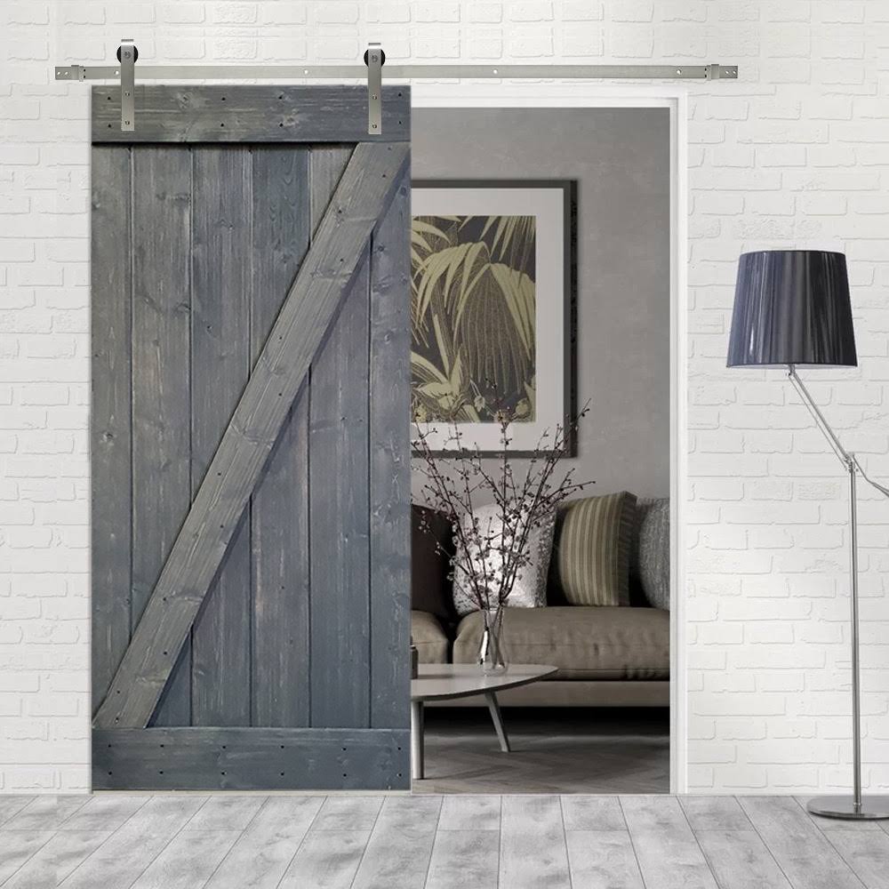 Gray Knotty Pine Wood Interior Sliding Barn Door with Hardware Kit W7089