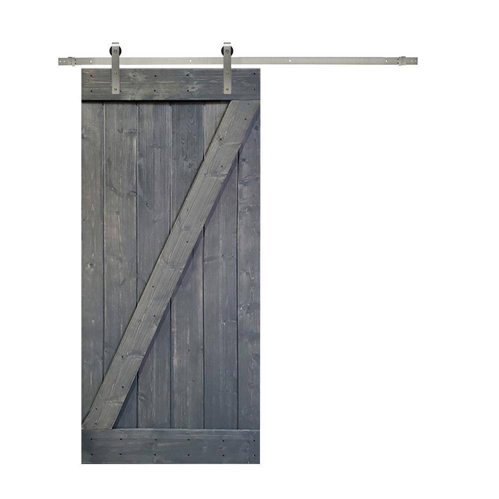 Gray Knotty Pine Wood Interior Sliding Barn Door with Hardware Kit W7089