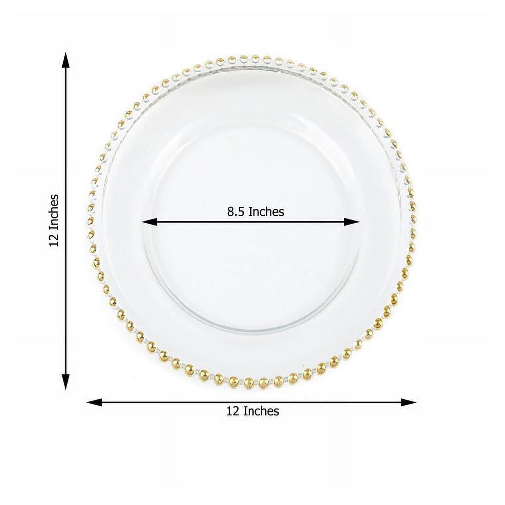 8 Clear 12" Glass Charger Plates Gold Beaded Rim W3635