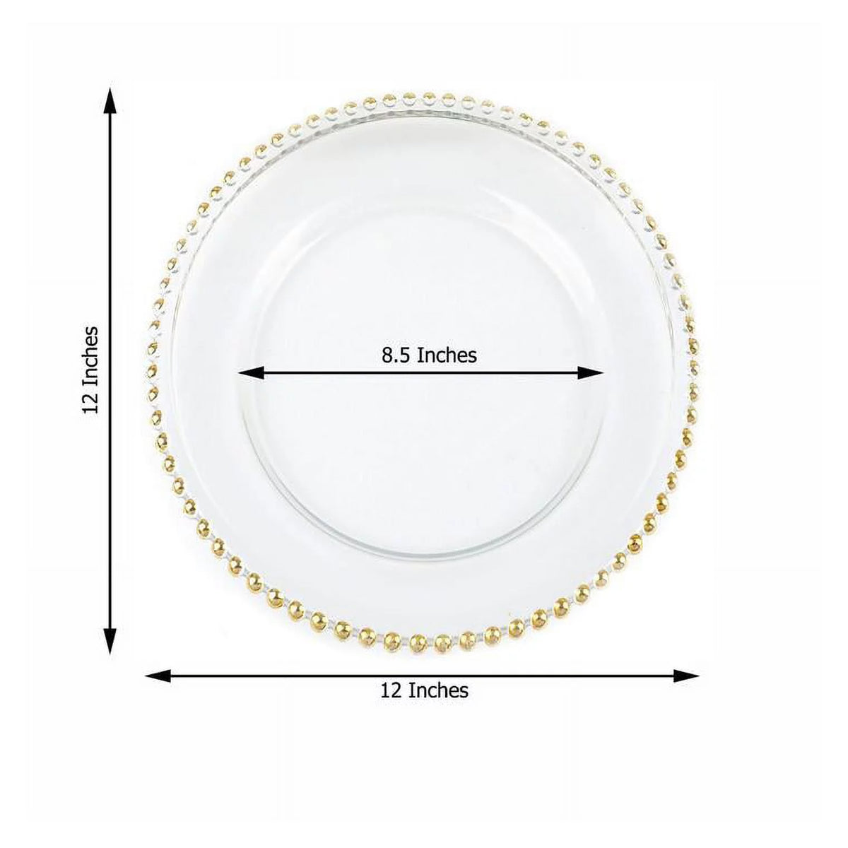 8 Clear 12" Glass Charger Plates Gold Beaded Rim W3635