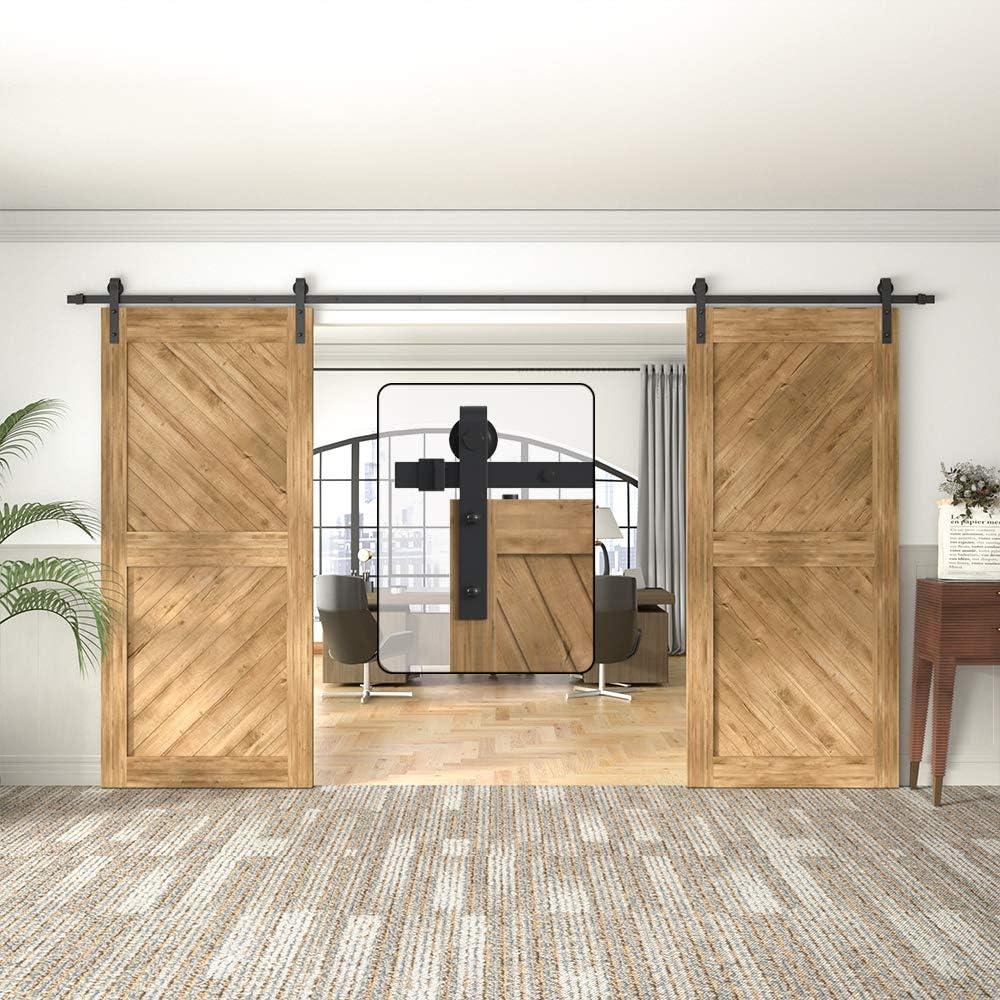 5FT Sliding Barn Door Hardware Kit for Double Doors, Black, Pack of 2 Y7129