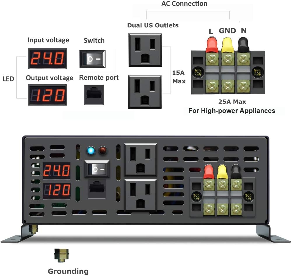 3000 Watt 24V DC Pure Sine Wave Power Inverter with Remote Control Switch, Dual 110V 120V AC Outlets N2619
