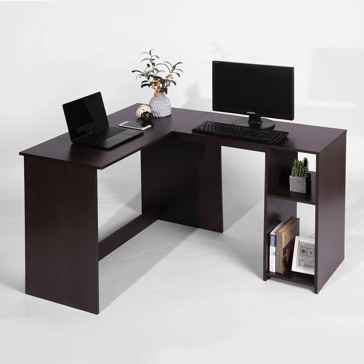 Brown L-Shaped Corner Desk with 2 Shelves A7162